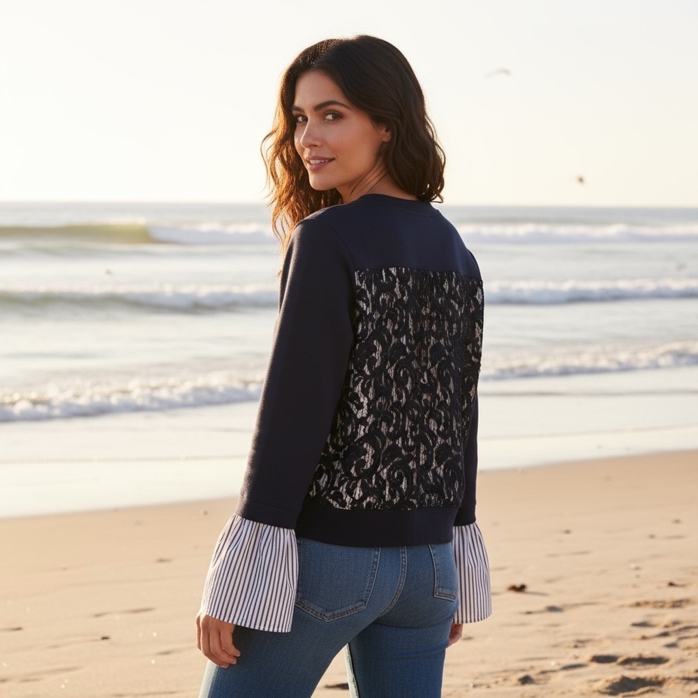 Nordstrom Signature Navy Blue Nautical Womens Bell Sleeve Lace Sweatshirt Medium